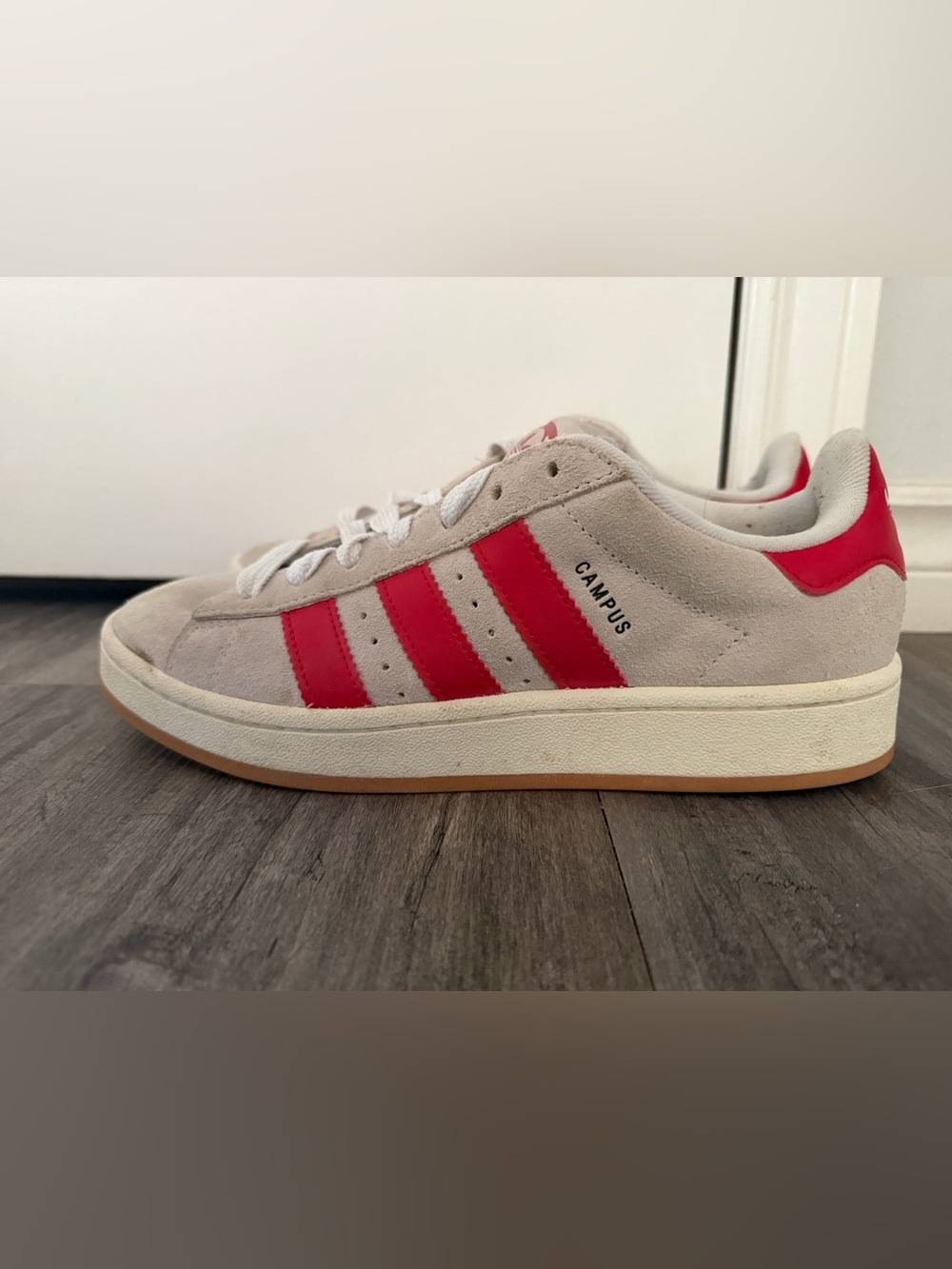 adidas campus Cream Suede Sneakers with Red Stripes - Picture 2 of 4